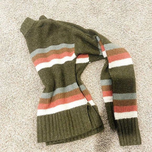 SO: Olive sweater w/blue, camel, orange, & white stripes - Picture 1 of 8